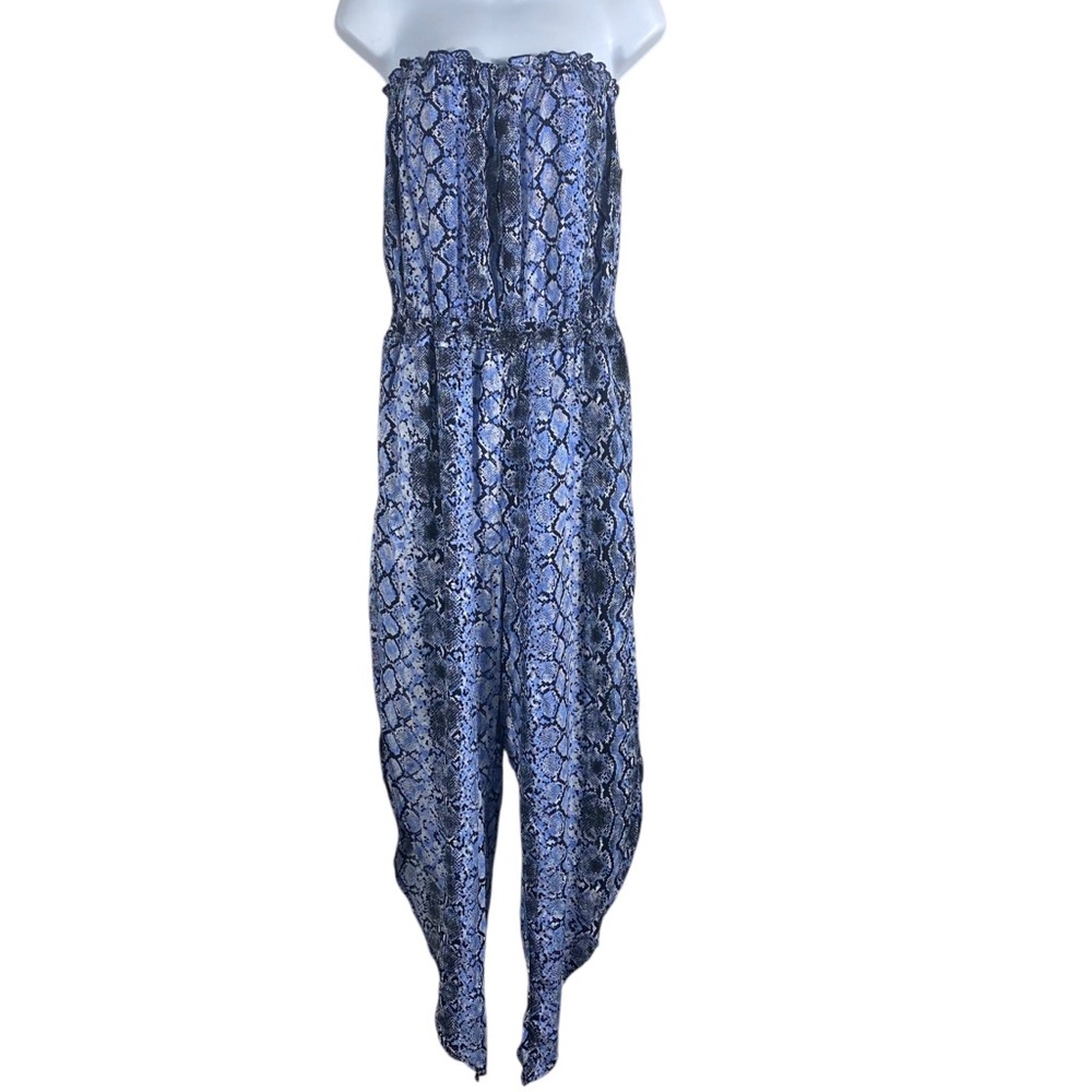 Bar III  Strapless Blue Snake Print Jumpsuit with Split tulip legs Sz M NWT